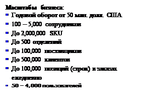 Подпись: Масштабы бизнеса: § Годовой оборот от 50 млн. долл. США § 100 – 5,000 сотрудников § До 2,000,000 SKU § До 500 отделений § До 100,000 поставщиков § До 500,000 клиентов § До 100,000 позиций (строк) в заказах ежедневно § 50 – 4,000 пользователей 